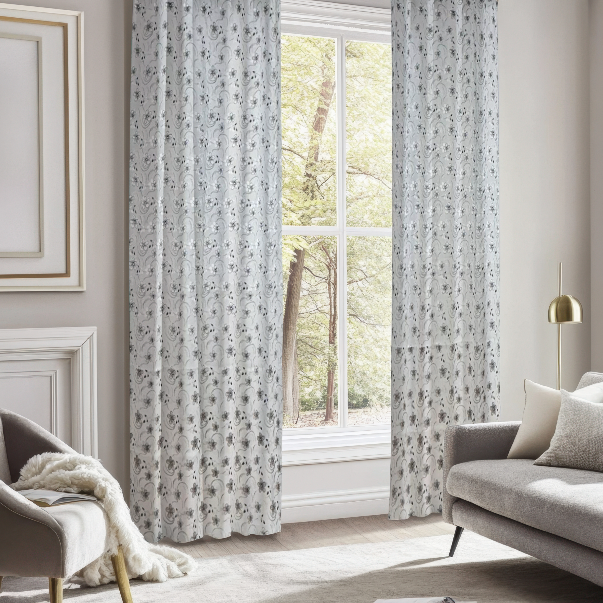 Draperie Gri cu Camp Floral Negru Perdele de Poveste