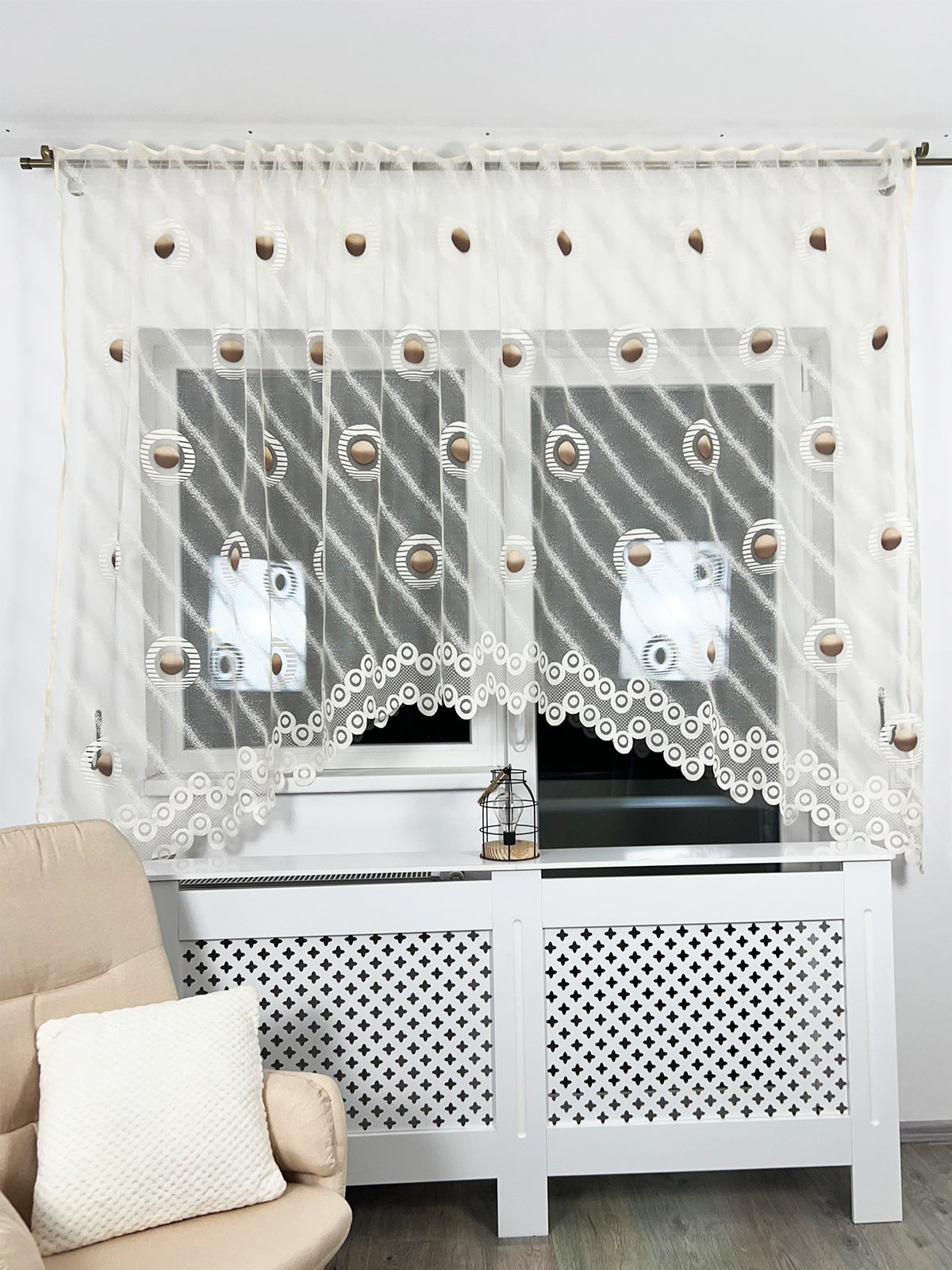 Perdea Bucătărie Cercuri alb maro - 3 m L Perdele de Poveste