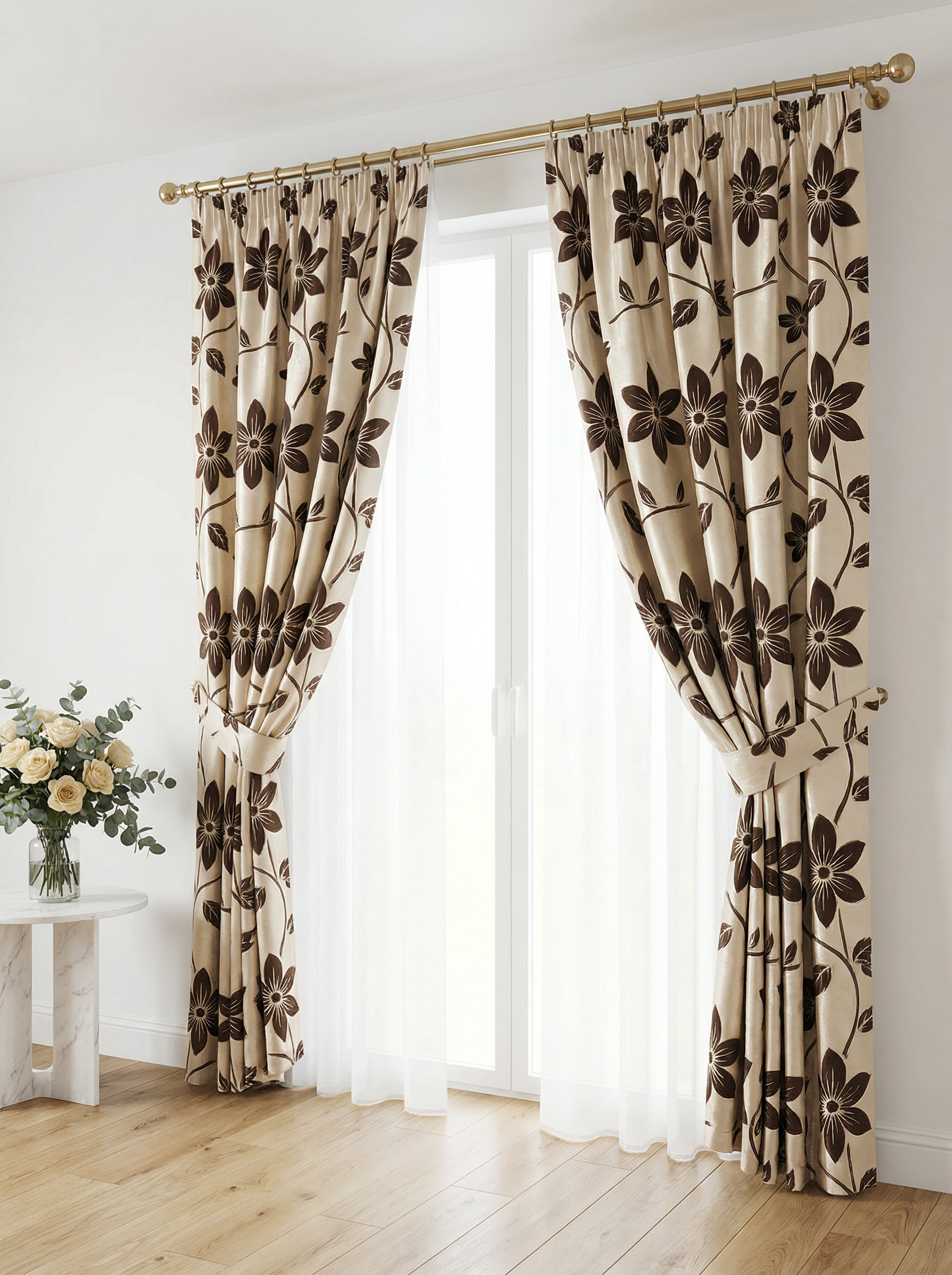 Draperie Blackout crem cu flori maro Perdele de Poveste