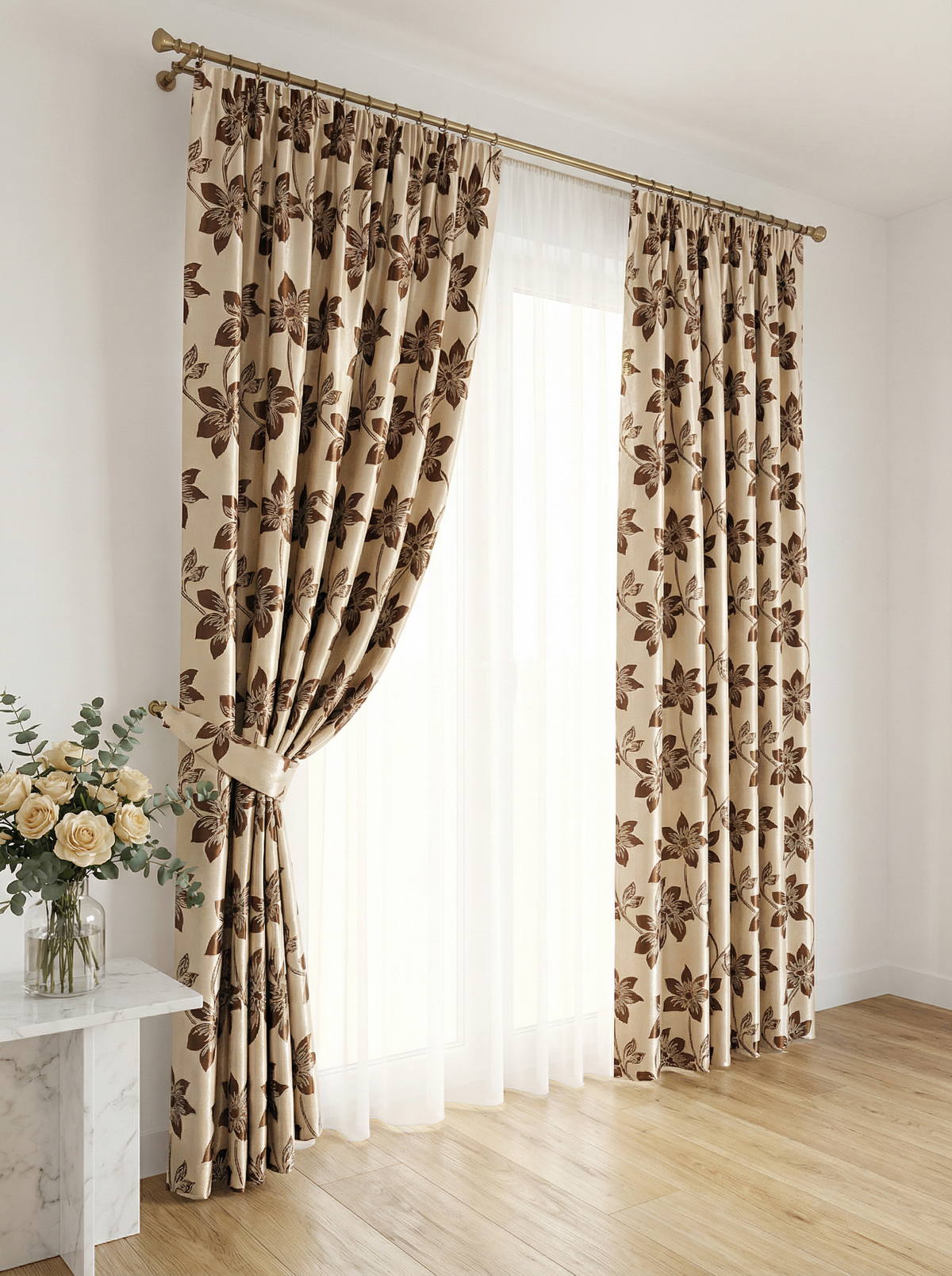 Draperie Blackout crem cu flori maro Perdele de Poveste