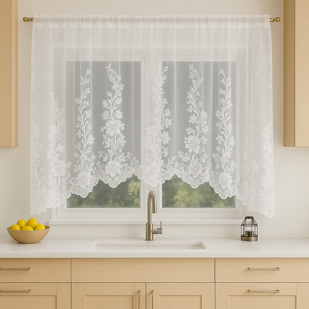 Perdea Bucatarie Flori albe - 3 m L Perdele de Poveste