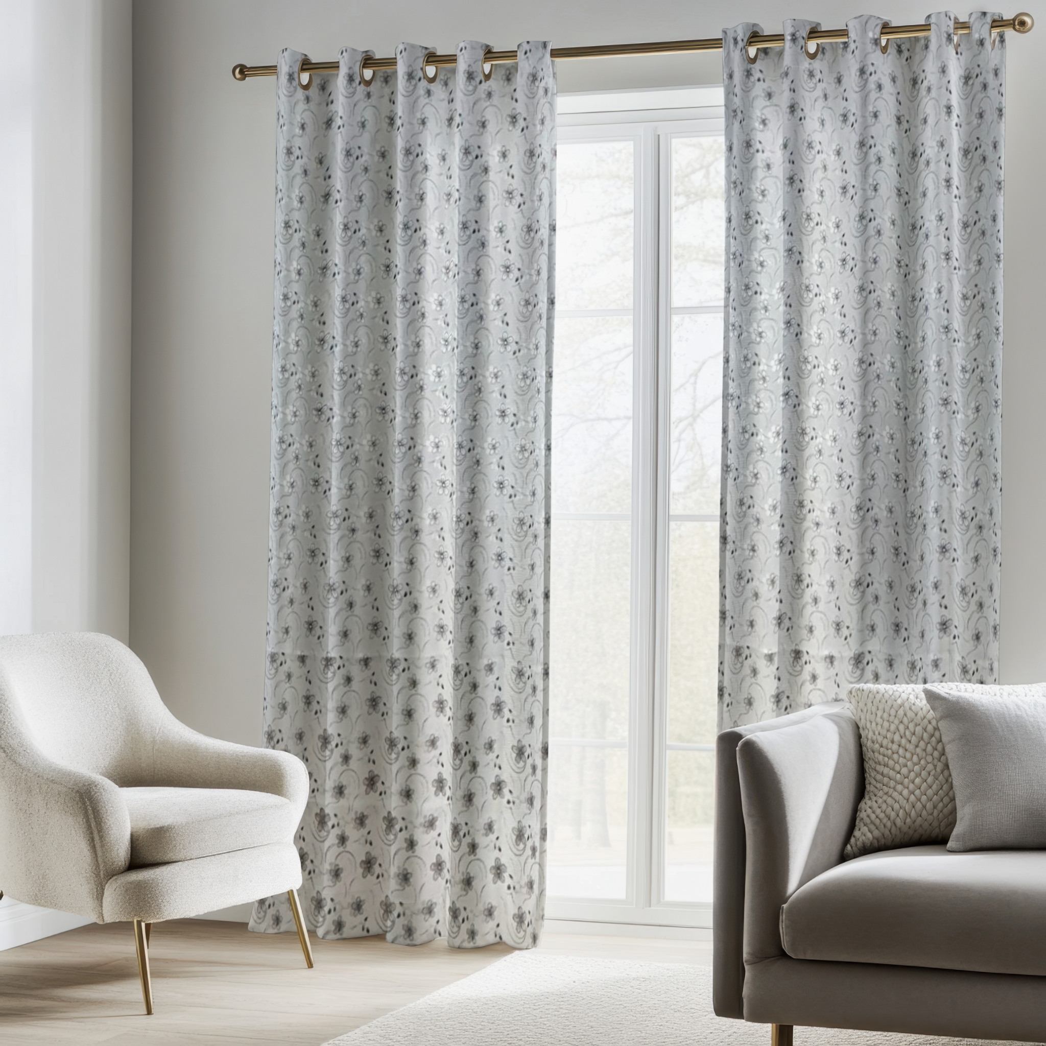 Draperie Gri cu Camp Floral Negru Perdele de Poveste
