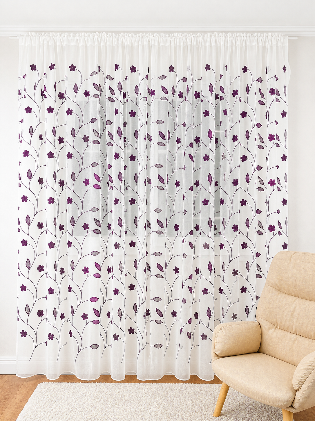 Perdea alba cu broderie florala lila cod 2097 Perdele de Poveste