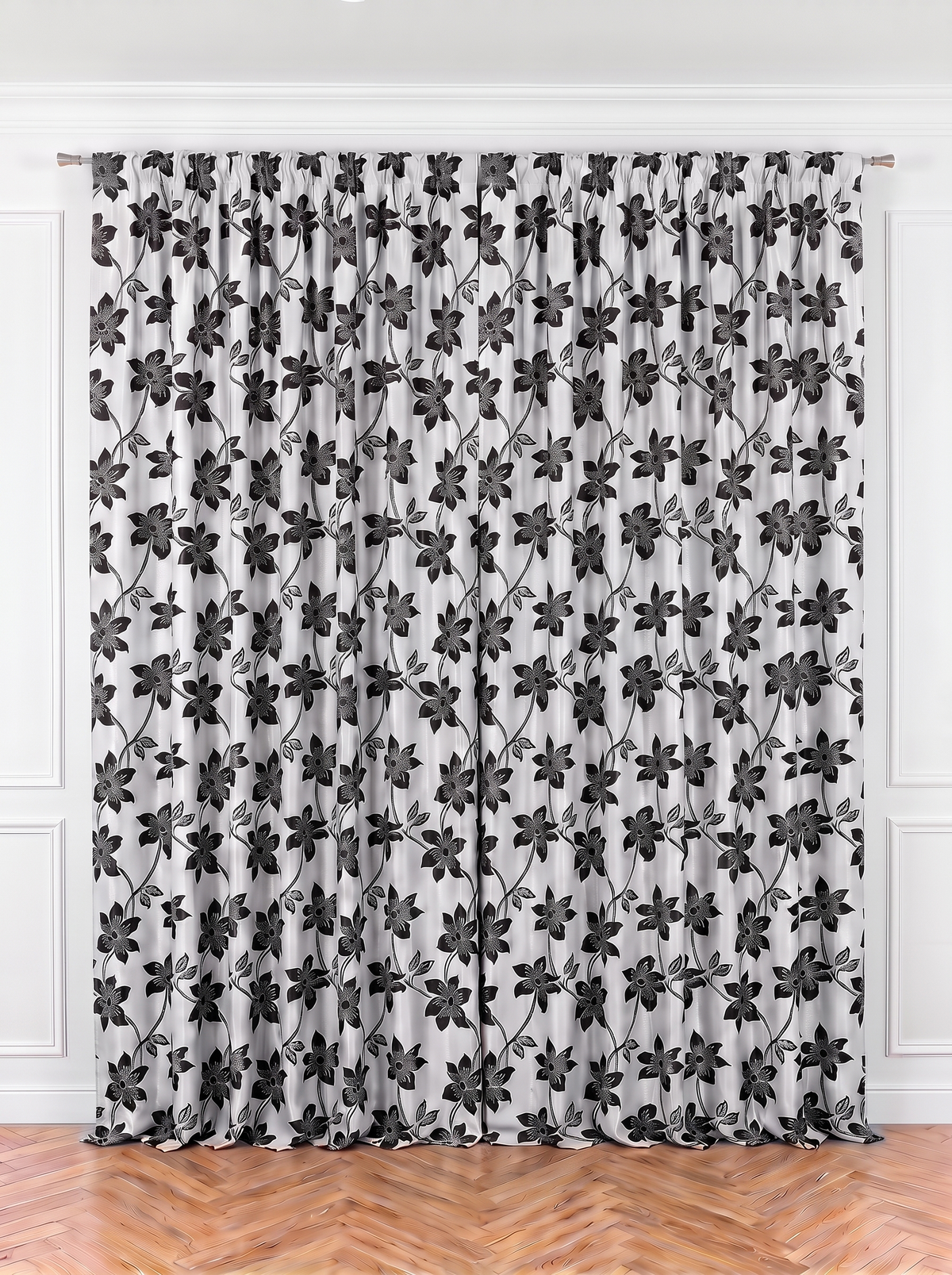 Draperie Blackout gri argintiu cu flori negre Perdele de Poveste