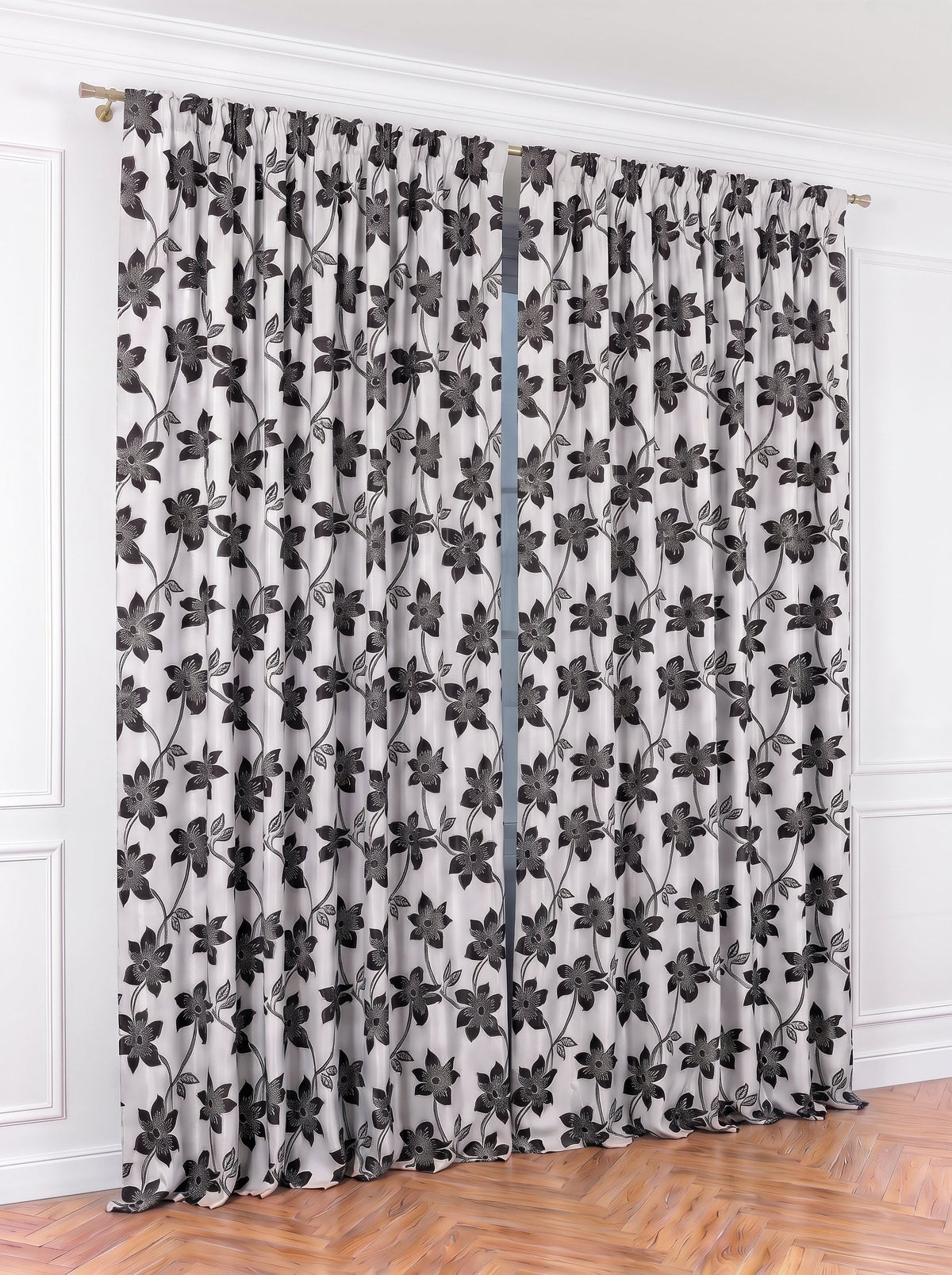 Draperie Blackout gri argintiu cu flori negre Perdele de Poveste