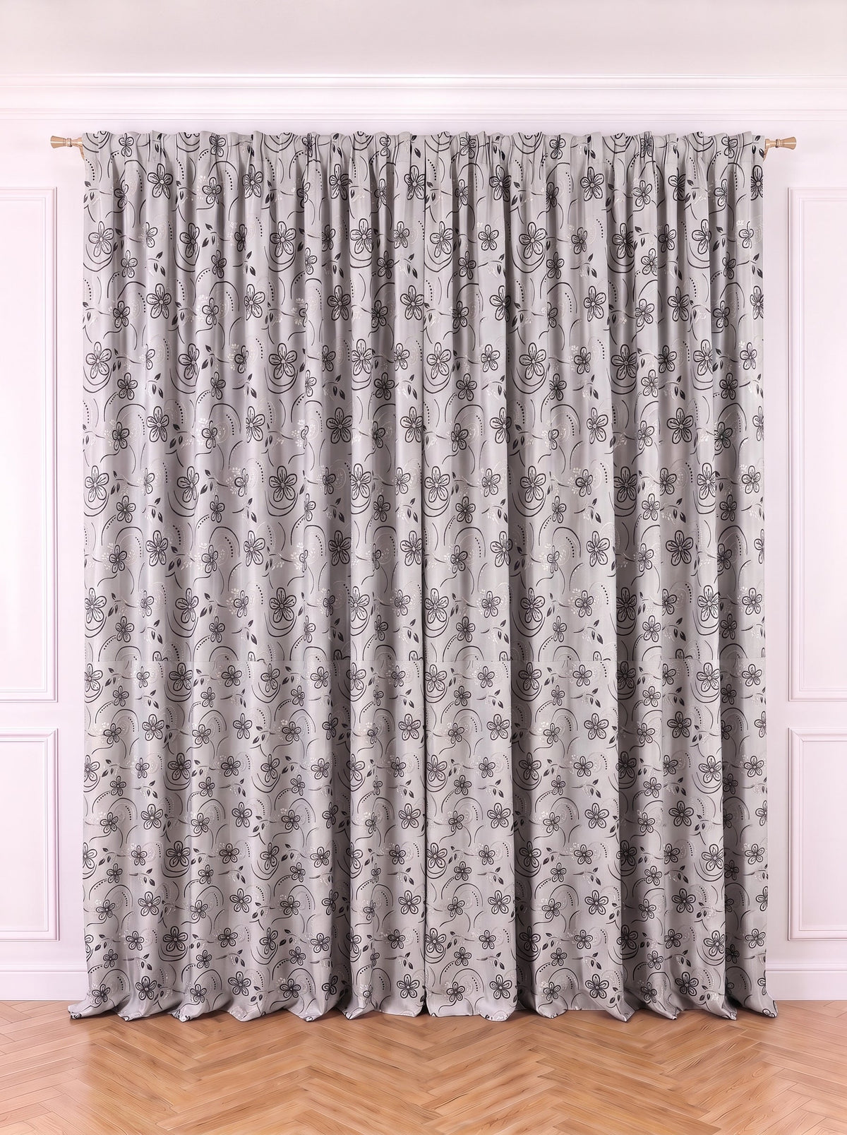 Draperie Gri cu Camp Floral Negru Perdele de Poveste