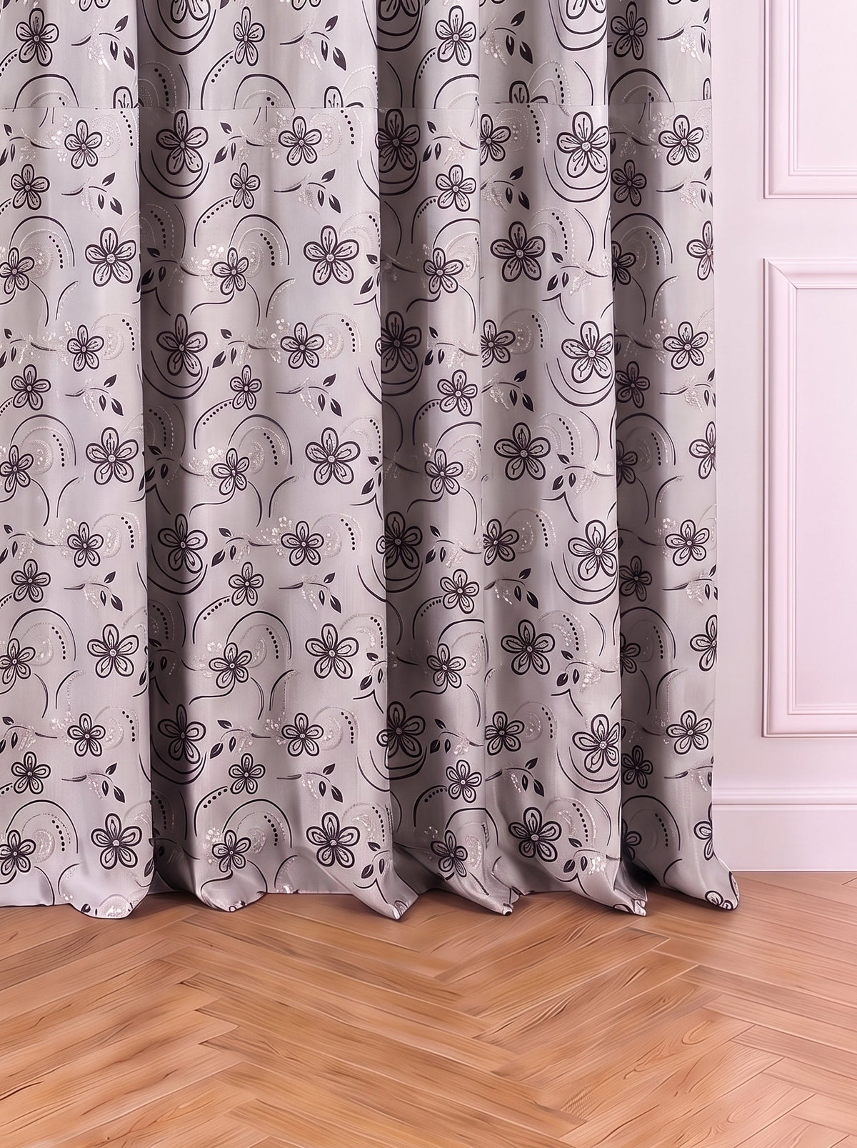 Draperie Gri cu Camp Floral Negru Perdele de Poveste