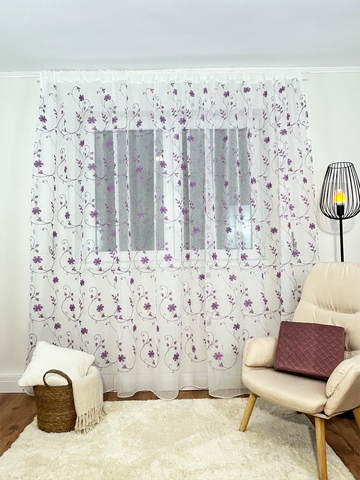 Perdea Brodată albă tip in model floral lila Perdele de Poveste