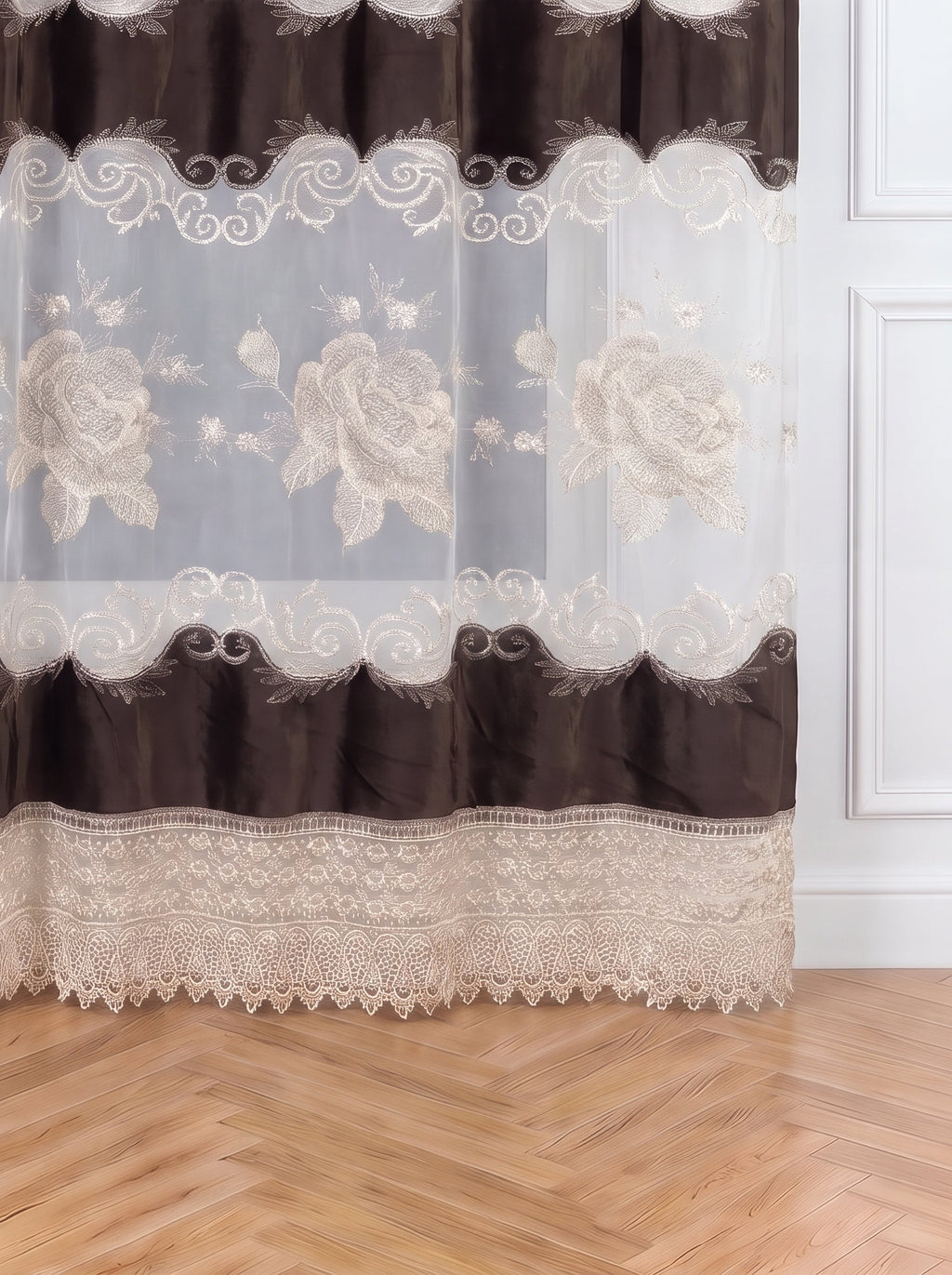 Perdea Rozalia · benzi de catifea maro, trandafiri brodați și dantelă Perdele de Poveste