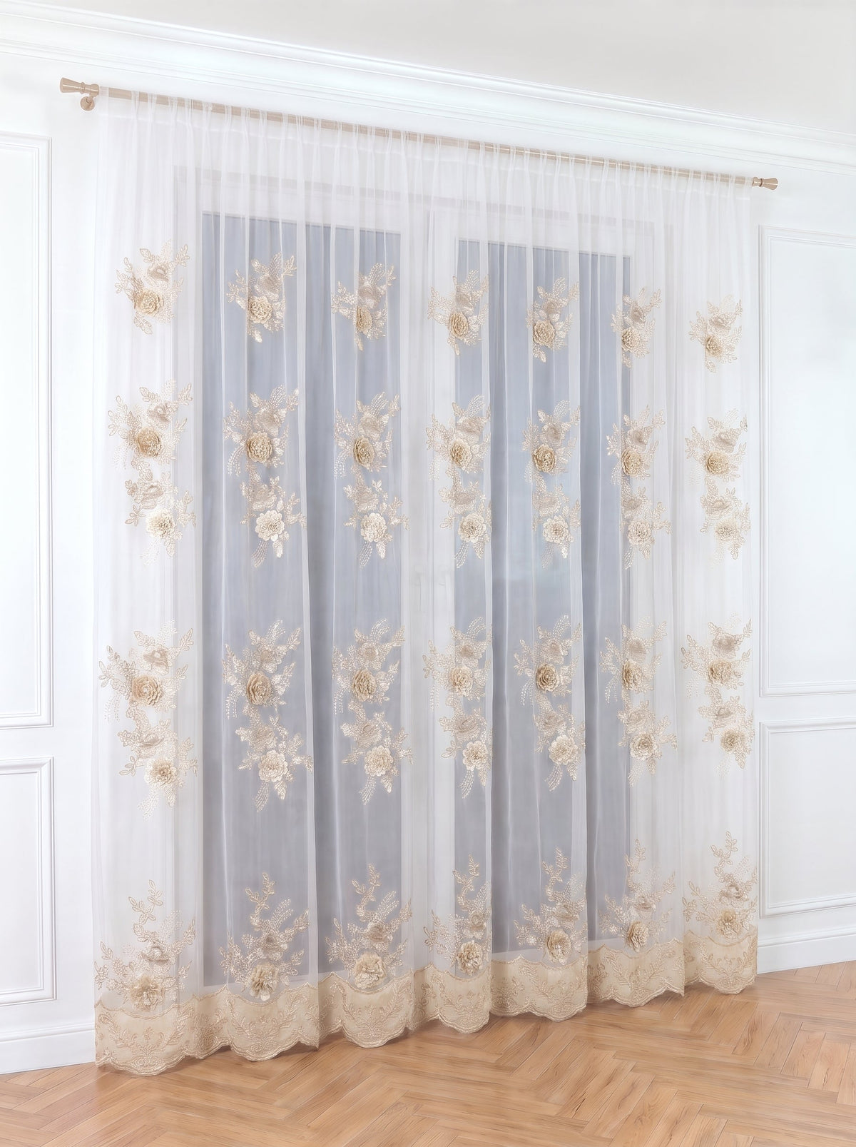 Perdea Voal Alb cu Flori Aurii 3D Perdele de Poveste