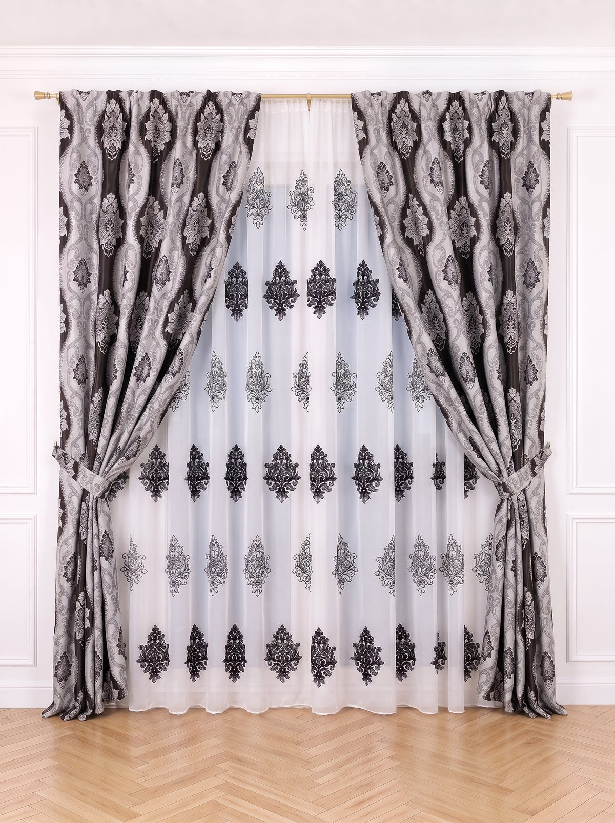 Set · Perdea albă Baroc tip in cu broderie neagră + Draperie Blackout Royal clepsidra gri negru Perdele de Poveste