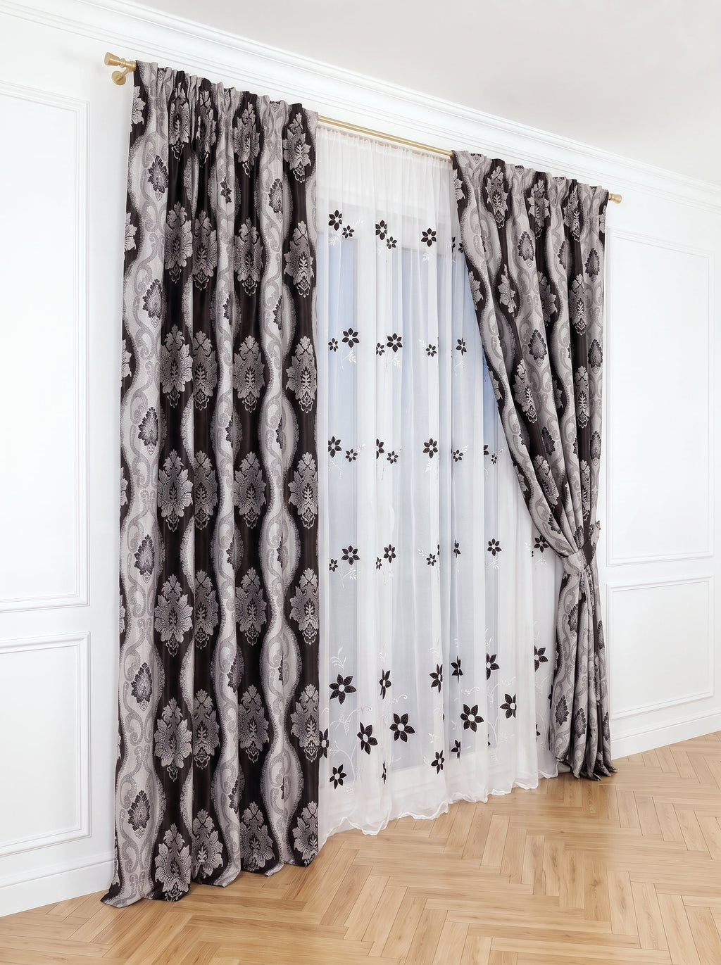 Set · Perdea albă Baroc tip in cu broderie neagră + Draperie Blackout Royal clepsidra gri negru Perdele de Poveste