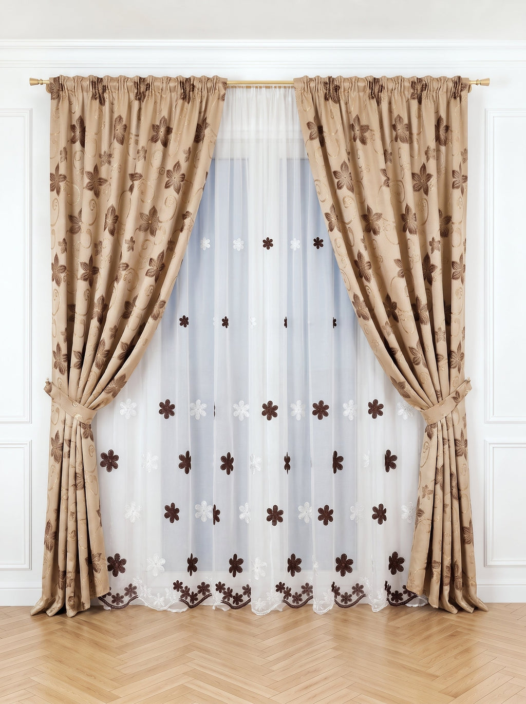 Set · Perdea Amelia · flori brodate în grilă + Draperie  Flori galben pal Perdele de Poveste