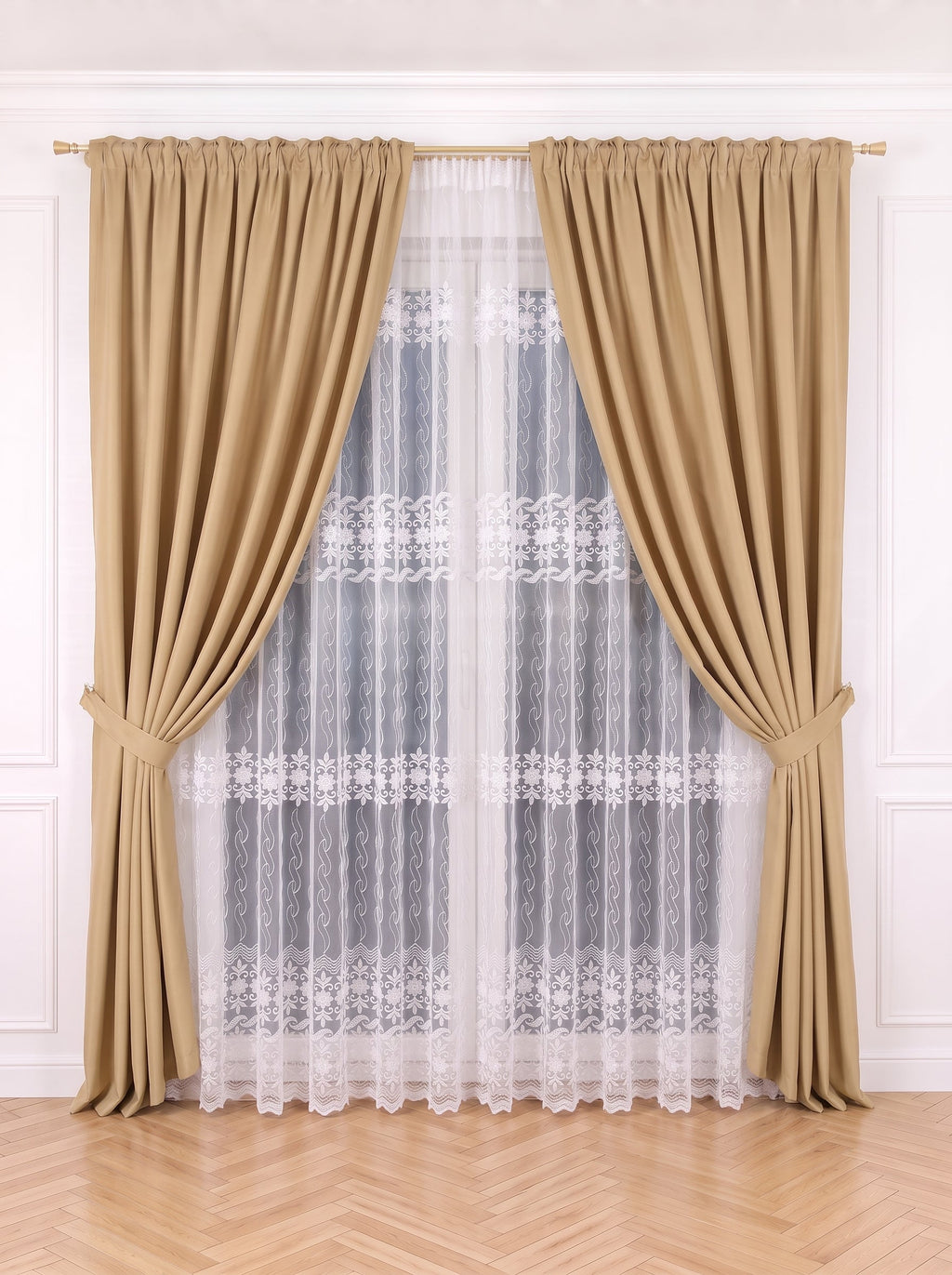 Set · Perdea Brodată albă + Draperie Blackout Bej Auriu Perdele de Poveste