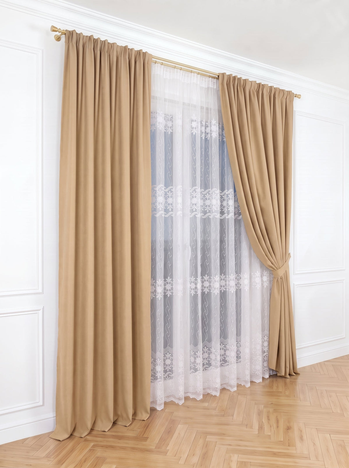 Set · Perdea Brodată albă + Draperie Blackout Bej Auriu Perdele de Poveste