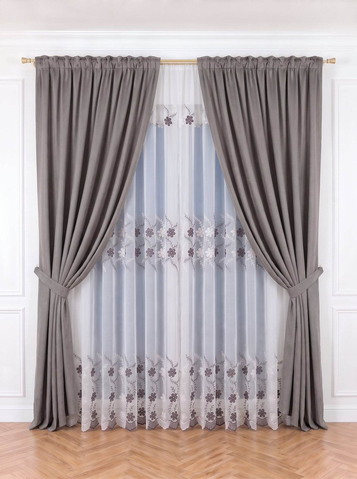 Set · Perdea Camelia · broderie florală gri + Draperie Blackout Gri Perdele de Poveste
