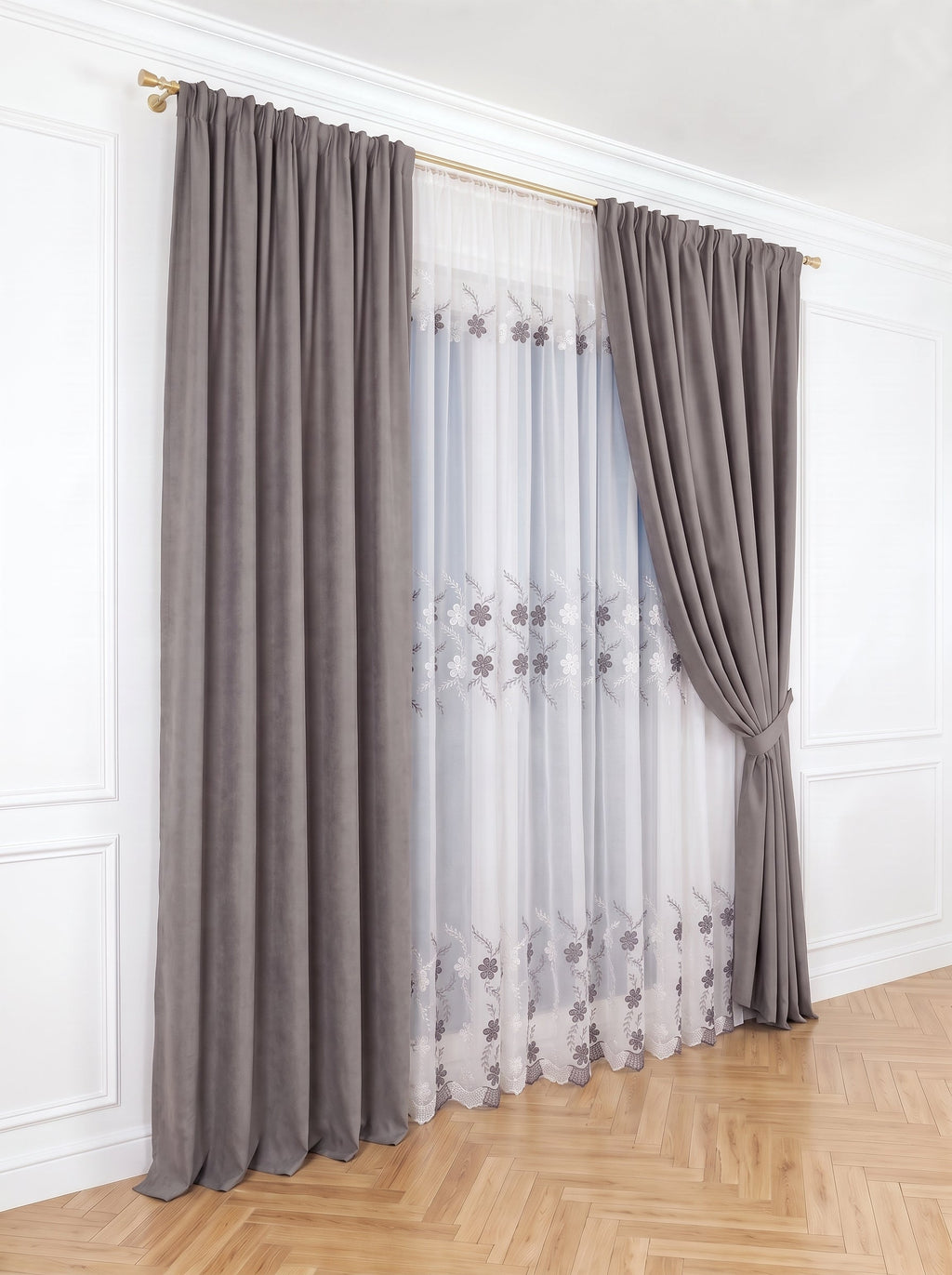 Set · Perdea Camelia · broderie florală gri + Draperie Blackout Gri Perdele de Poveste
