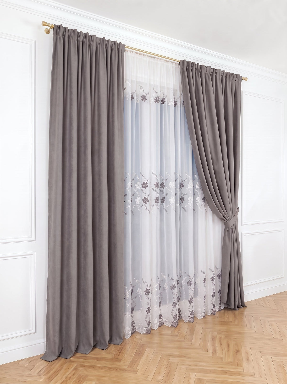 Set · Perdea Camelia · broderie florală gri + Draperie Blackout Gri Perdele de Poveste