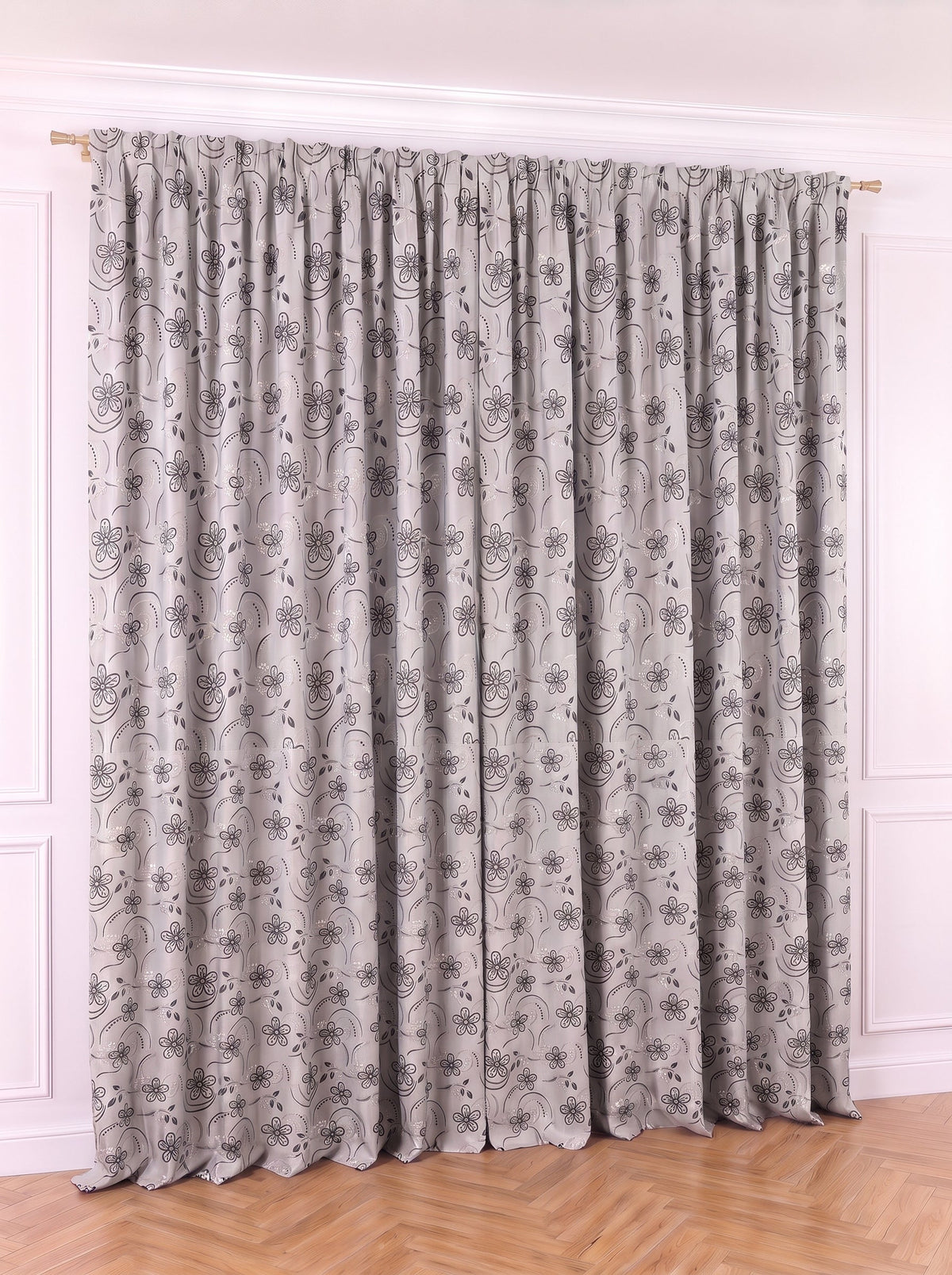 Set · Perdea Camelia · broderie florală gri + Draperie Gri cu Camp Floral Negru Perdele de Poveste