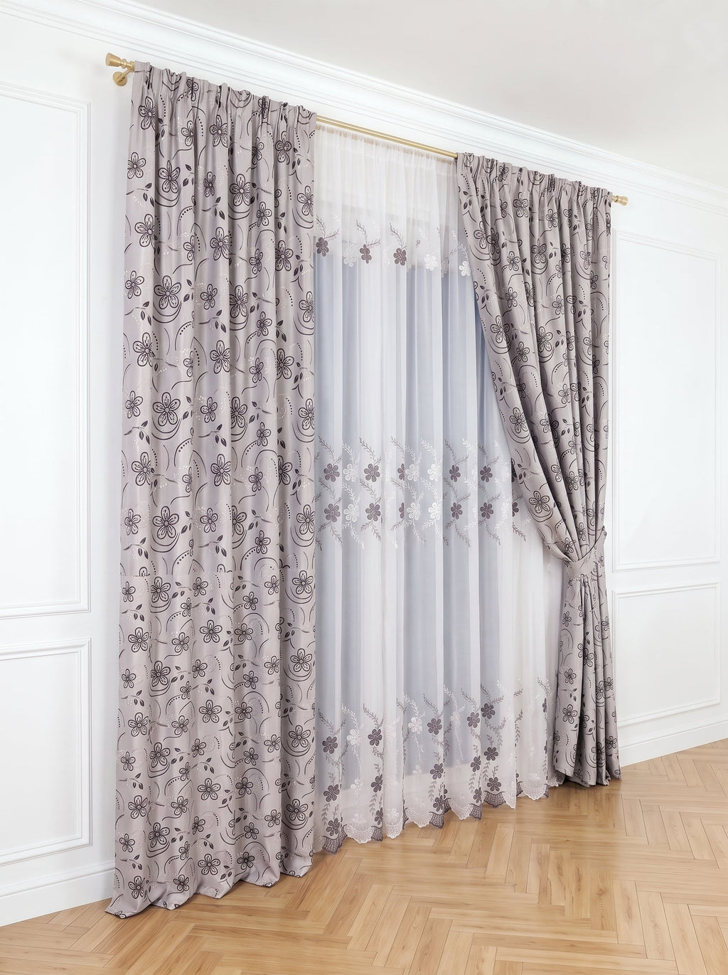 Set · Perdea Camelia · broderie florală gri + Draperie Gri cu Camp Floral Negru Perdele de Poveste