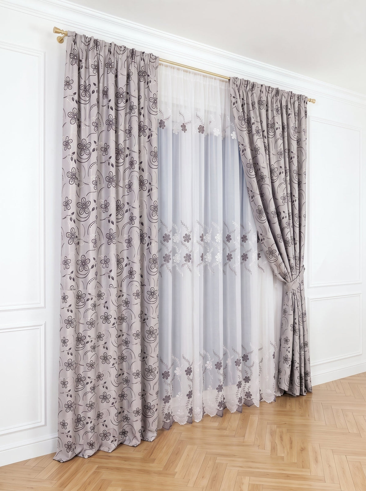 Set · Perdea Camelia · broderie florală gri + Draperie Gri cu Camp Floral Negru Perdele de Poveste