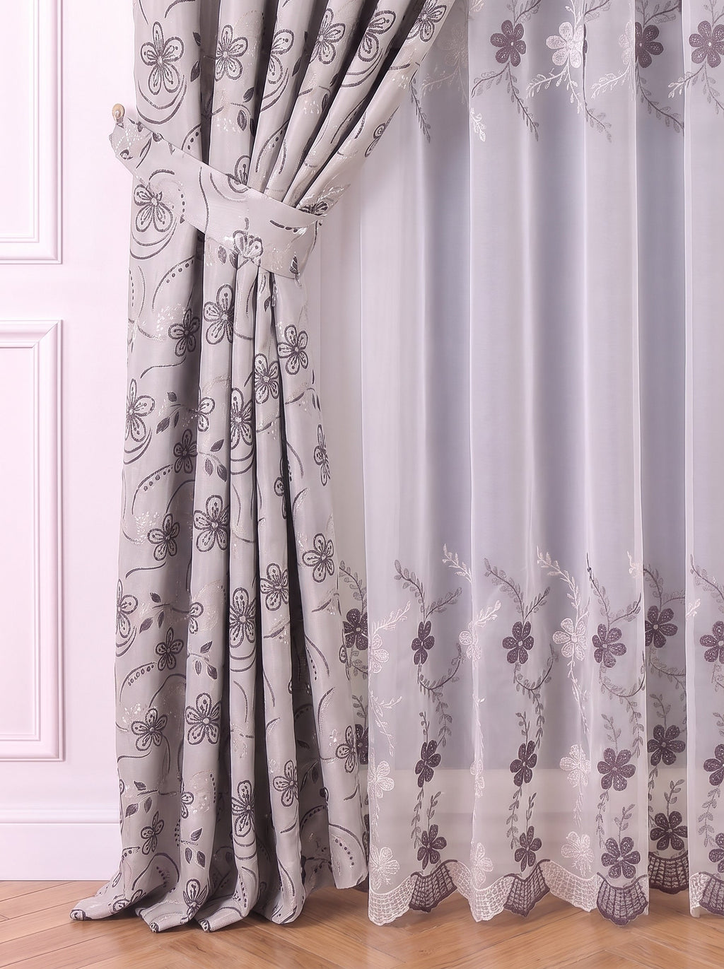 Set · Perdea Camelia · broderie florală gri + Draperie Gri cu Camp Floral Negru Perdele de Poveste