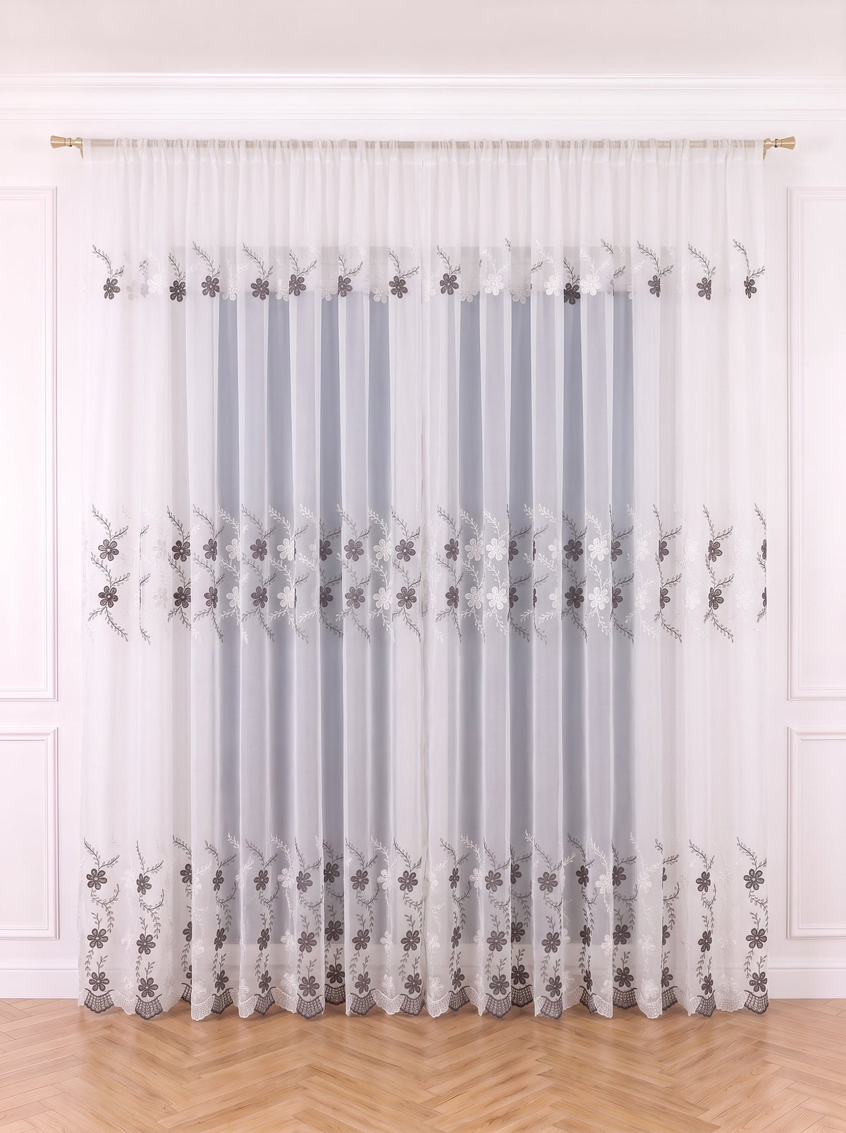 Set · Perdea Camelia · broderie florală gri + Draperie Gri cu Camp Floral Negru Perdele de Poveste