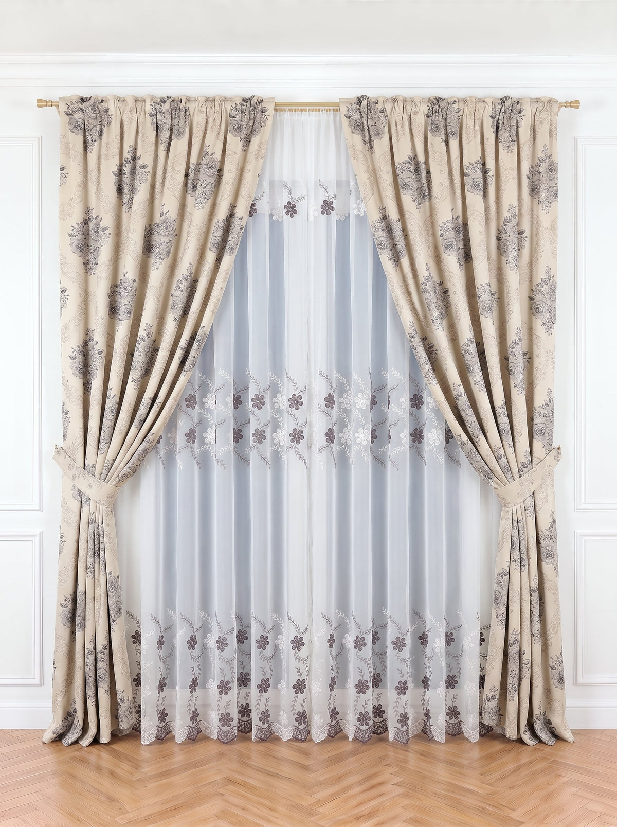 Set · Perdea Camelia · broderie florală maro + Draperie Blackout model Baroc gri Perdele de Poveste