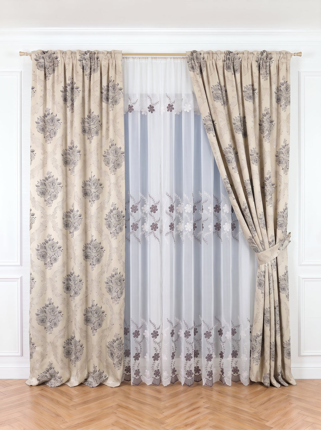 Set · Perdea Camelia · broderie florală maro + Draperie Blackout model Baroc gri Perdele de Poveste