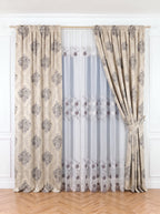 Set · Perdea Camelia · broderie florală maro + Draperie Blackout model Baroc gri Perdele de Poveste
