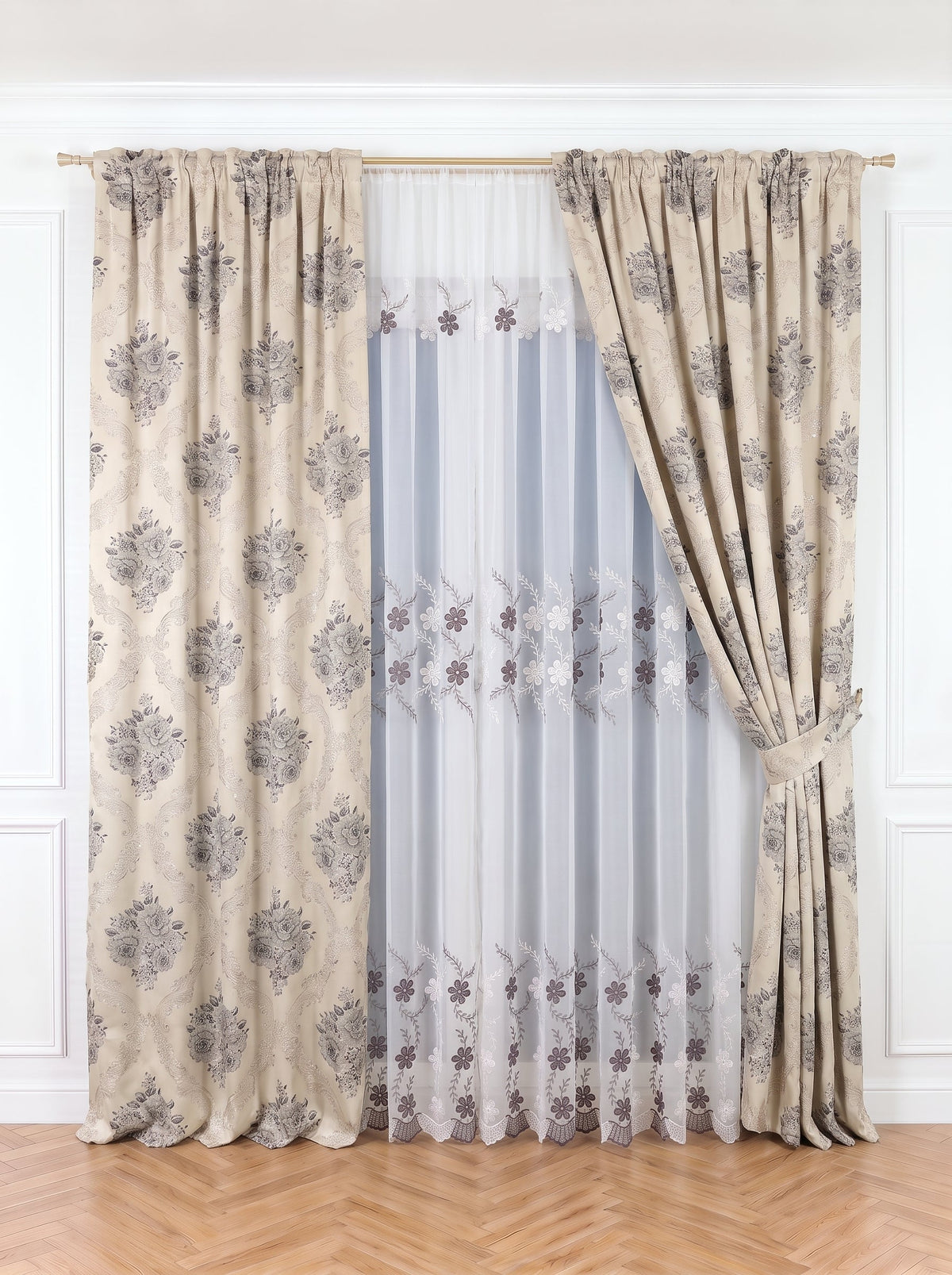 Set · Perdea Camelia · broderie florală maro + Draperie Blackout model Baroc gri Perdele de Poveste