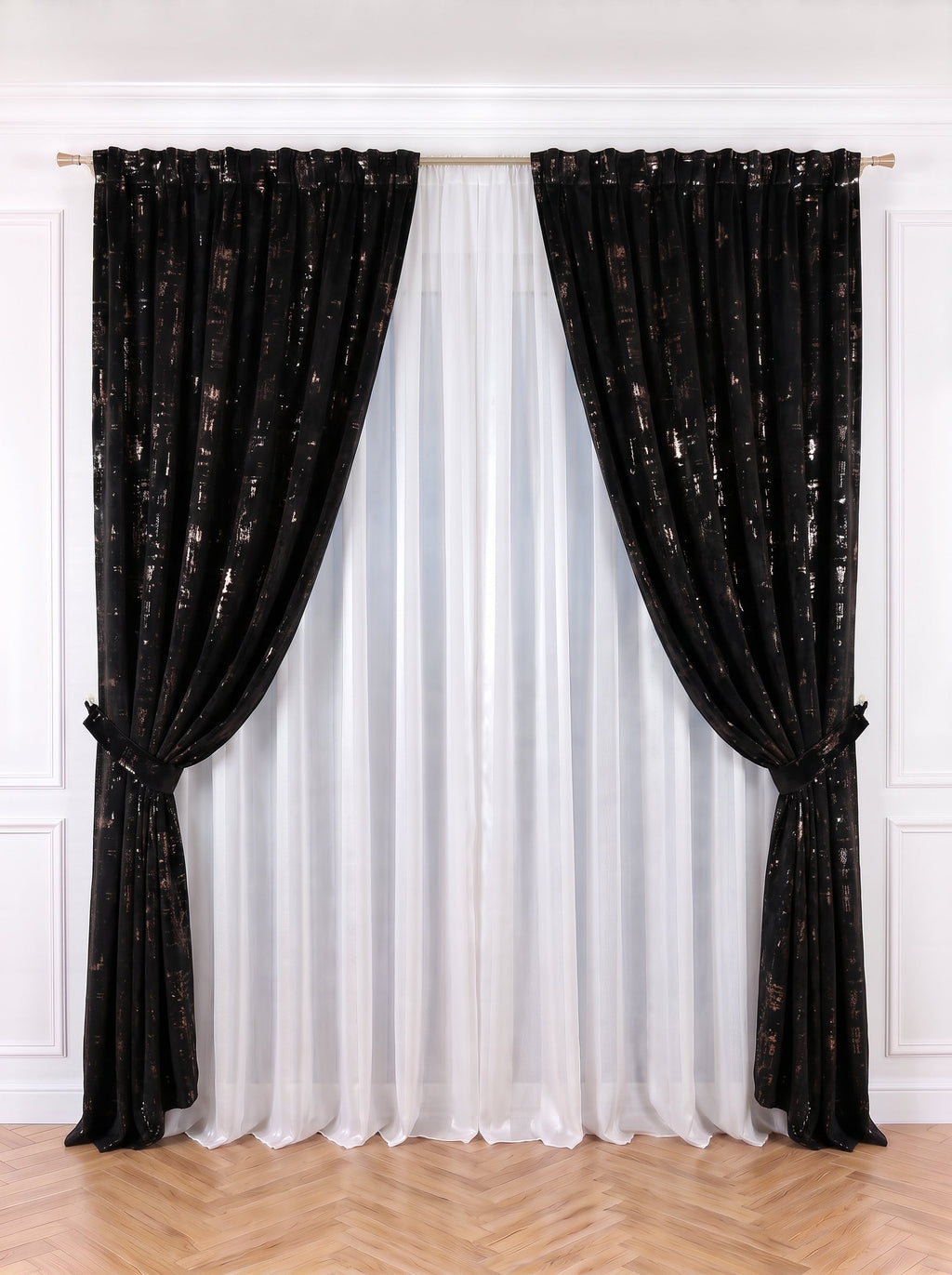 Set · Perdea de Matase cu insertii + Draperie Catifea Insertii Negru Perdele de Poveste