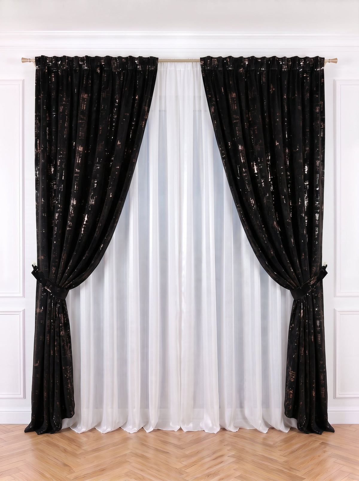 Set · Perdea de Matase cu insertii + Draperie Catifea Insertii Negru Perdele de Poveste