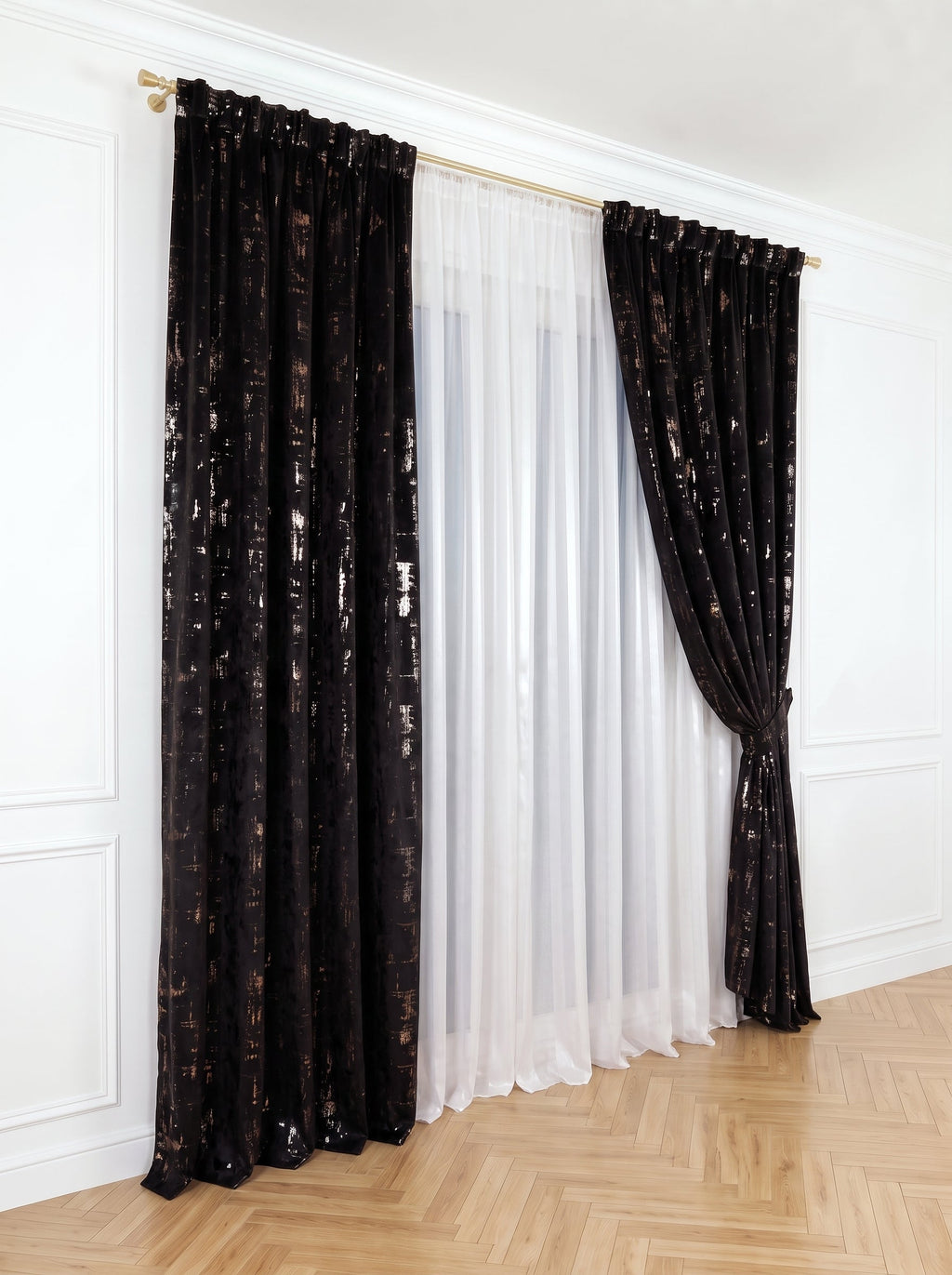Set · Perdea de Matase cu insertii + Draperie Catifea Insertii Negru Perdele de Poveste