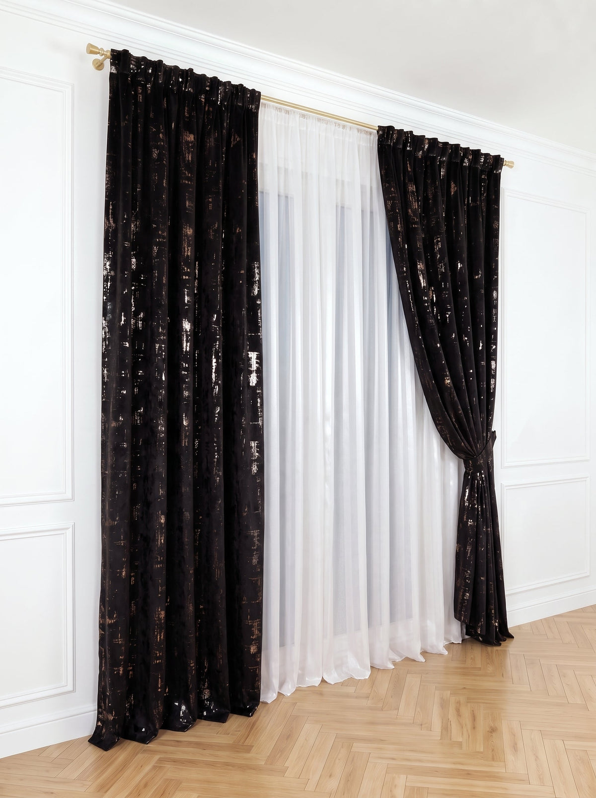 Set · Perdea de Matase cu insertii + Draperie Catifea Insertii Negru Perdele de Poveste
