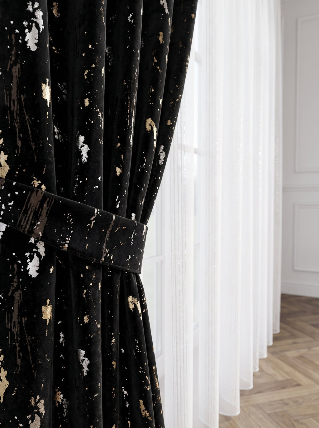 Set · Perdea de Matase cu insertii + Draperie Catifea Insertii Negru Perdele de Poveste