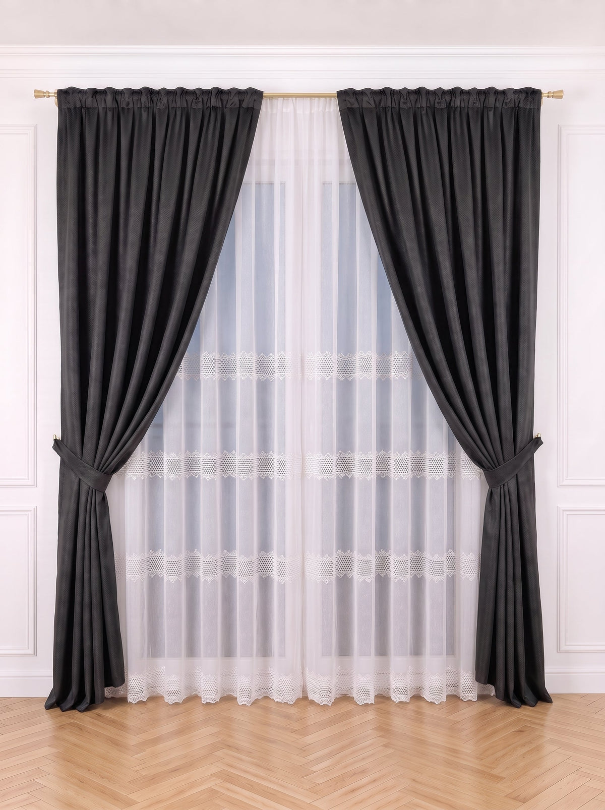 Set · Perdea din in cu broderie + Draperie Blackout Gri Antracit Perdele de Poveste