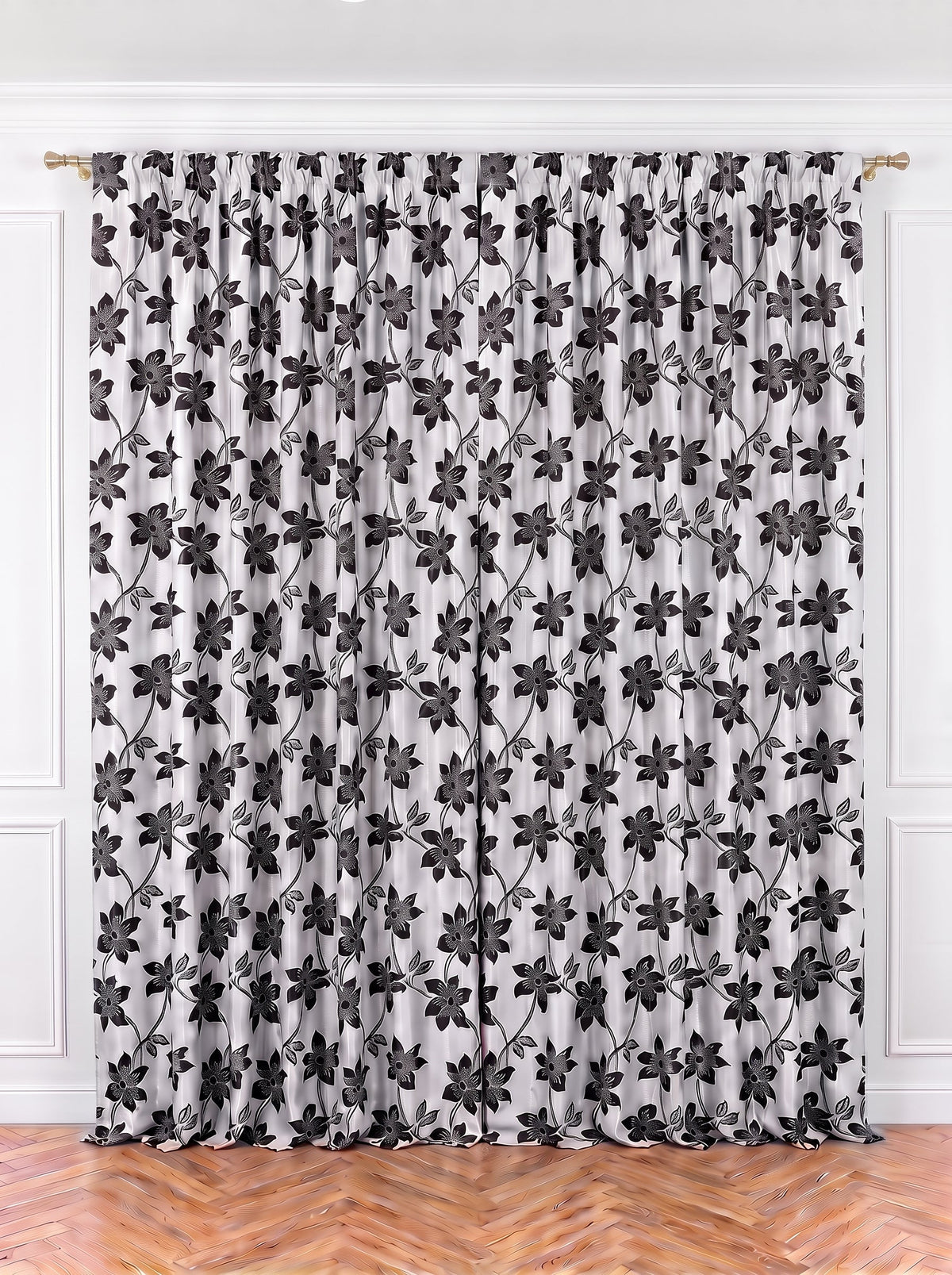 Set · Perdea In Natur – broderie neagră florală + Draperie Blackout gri argintiu cu flori negre Perdele de Poveste
