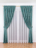 Set · Perdea Matase Alba + Draperie Blackout Turcoaz cu Nuante Argintii / Aurii Perdele de Poveste