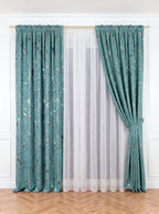 Set · Perdea Matase Alba + Draperie Blackout Turcoaz cu Nuante Argintii / Aurii Perdele de Poveste
