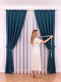 Set · Perdea Ploiță albă + Draperie Catifea Premium Albastru Păun Perdele de Poveste