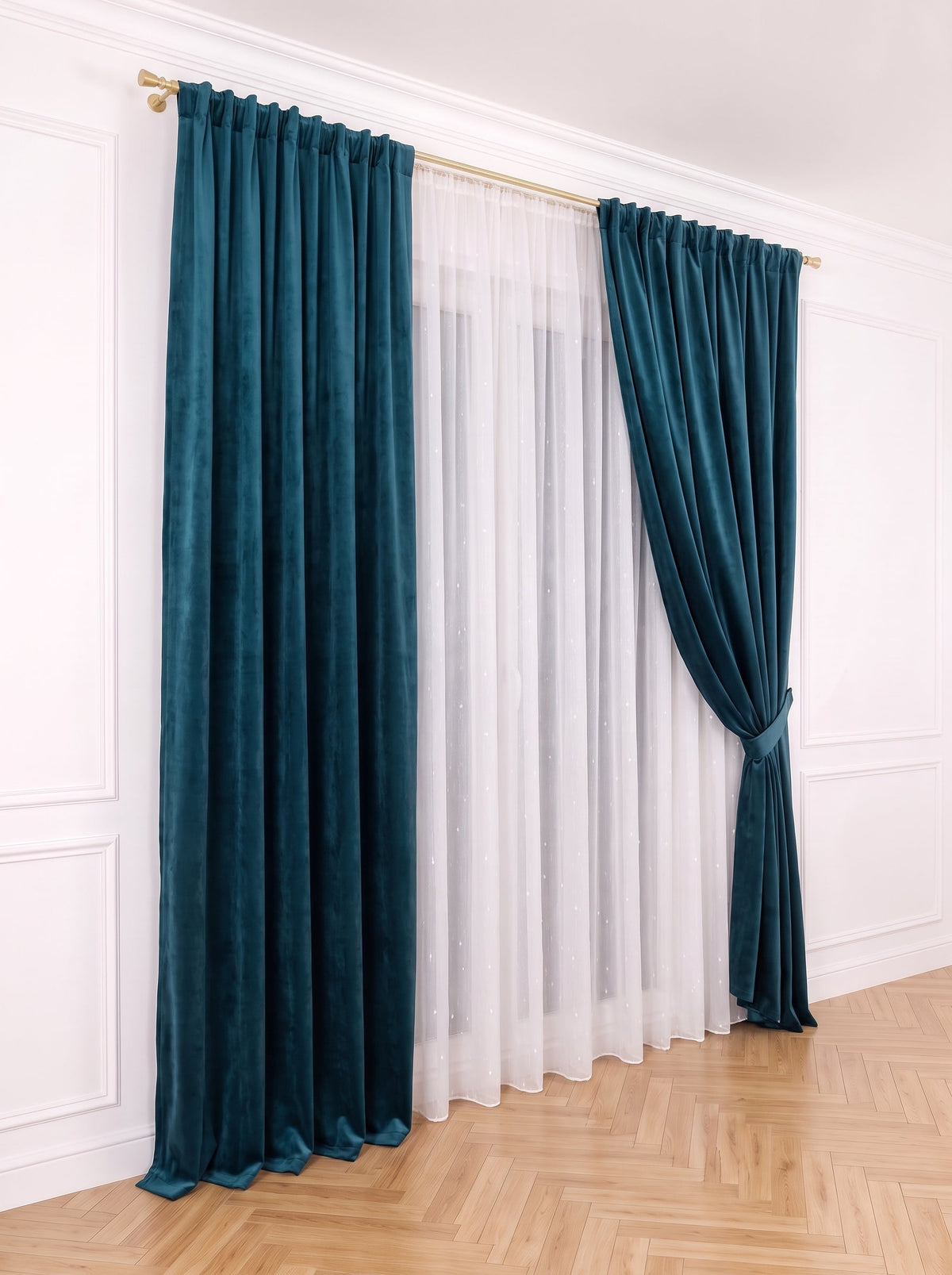 Set · Perdea Ploiță albă + Draperie Catifea Premium Albastru Păun Perdele de Poveste