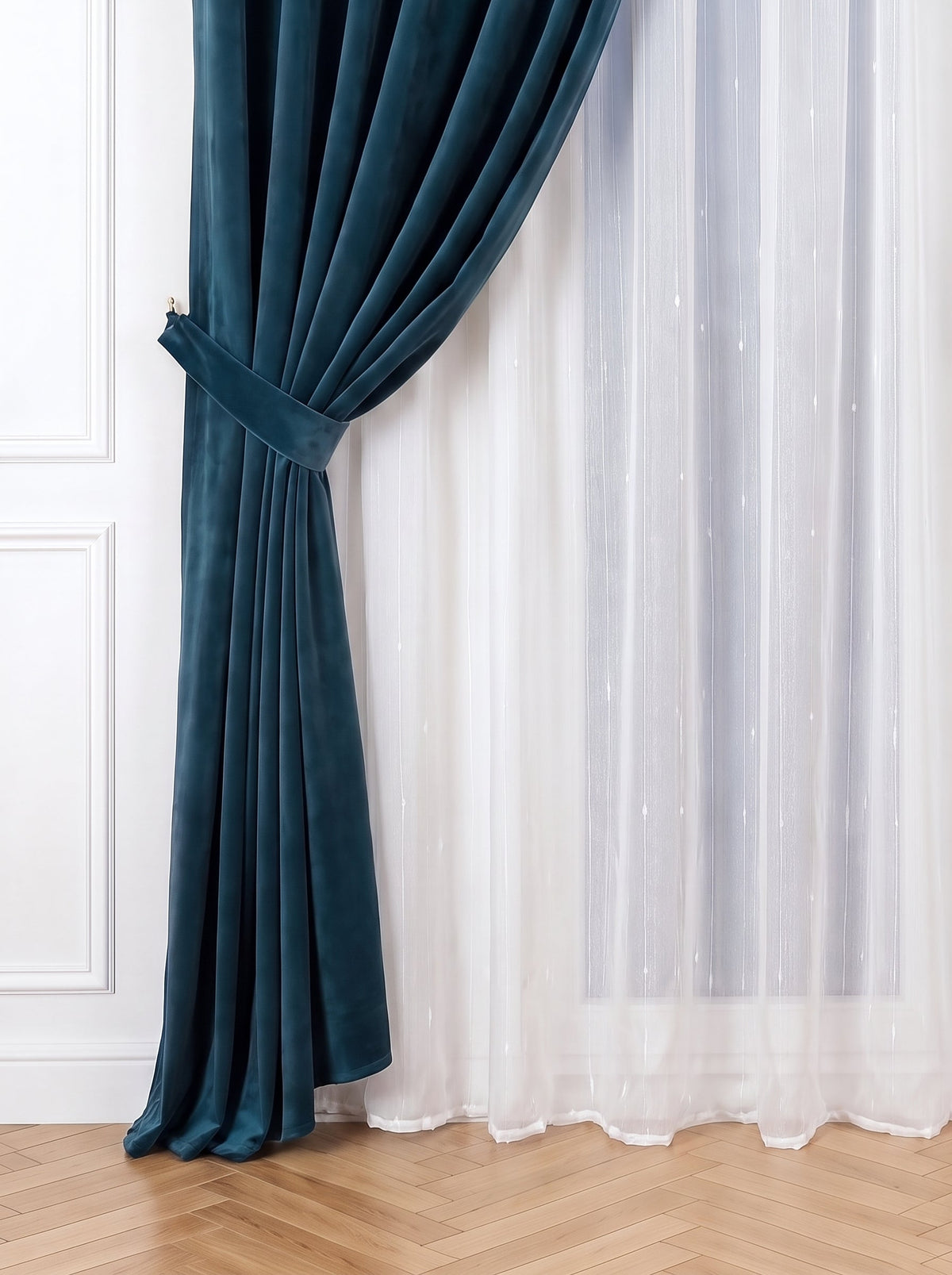 Set · Perdea Ploiță albă + Draperie Catifea Premium Albastru Păun Perdele de Poveste