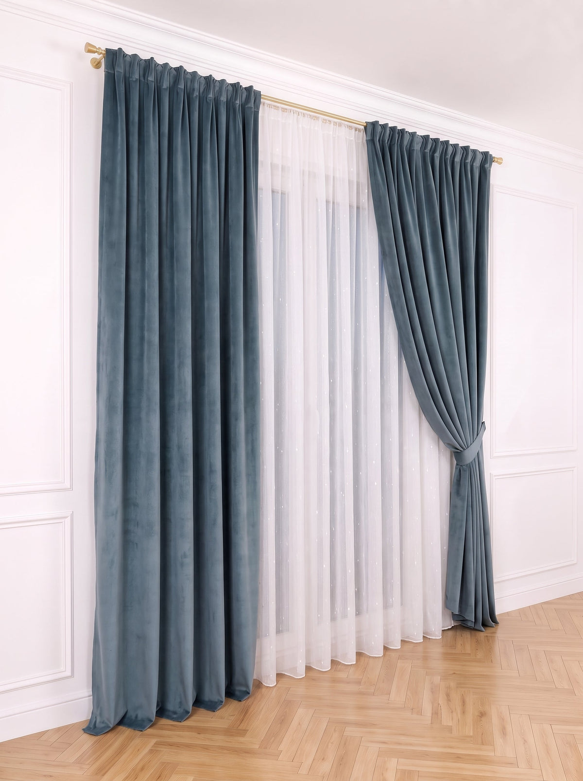 Set · Perdea Ploiță albă + Draperie Catifea Premium Bleu Petrol Perdele de Poveste