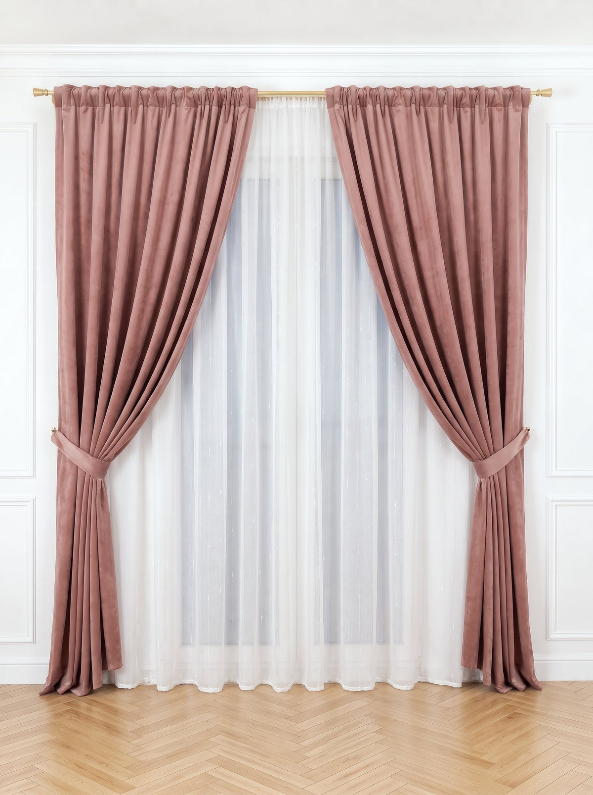 Set · Perdea Ploiță albă + Draperie Catifea Premium Roz Prăfuit Perdele de Poveste