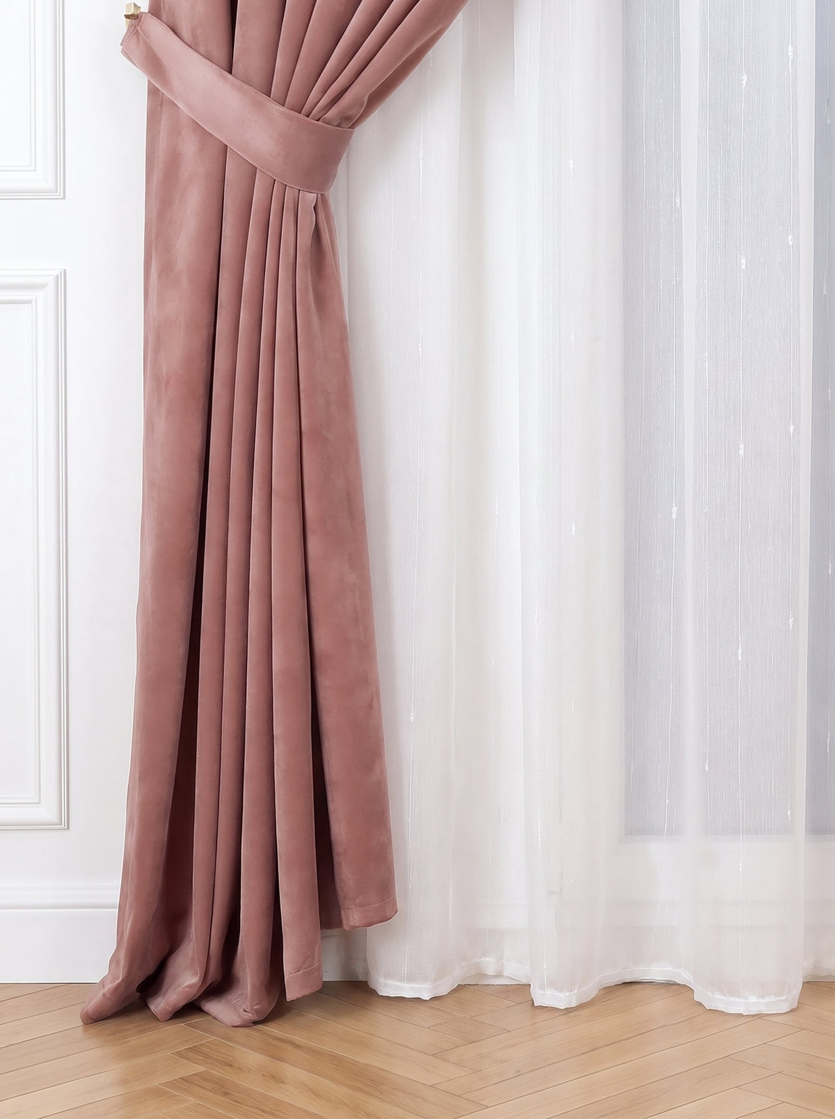 Set · Perdea Ploiță albă + Draperie Catifea Premium Roz Prăfuit Perdele de Poveste
