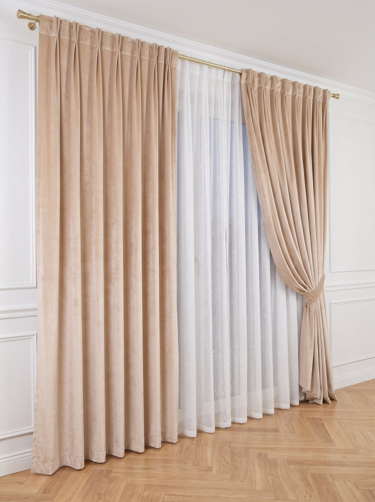 Set · Perdea Ploiță albă + Draperie Catifea Premium Șampanie Perdele de Poveste