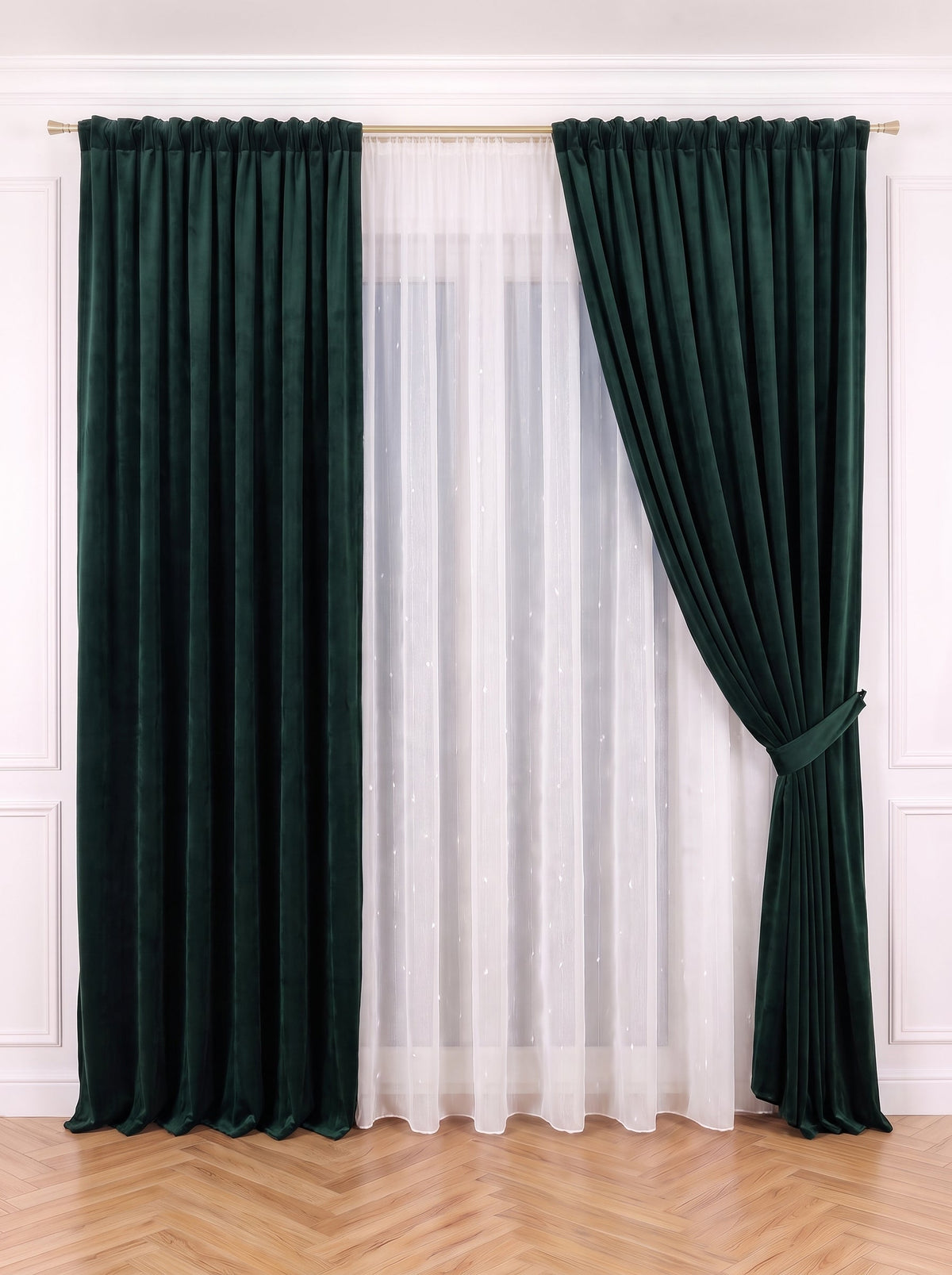 Set · Perdea Ploiță albă + Draperie Catifea Premium Verde Brad Perdele de Poveste