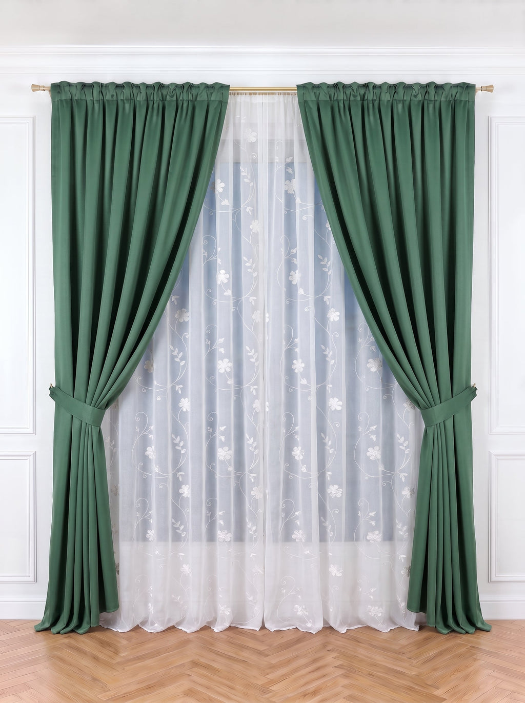 Set · Perdea Tip In Flori Albe + Draperie Blackout Verde Jad Perdele de Poveste