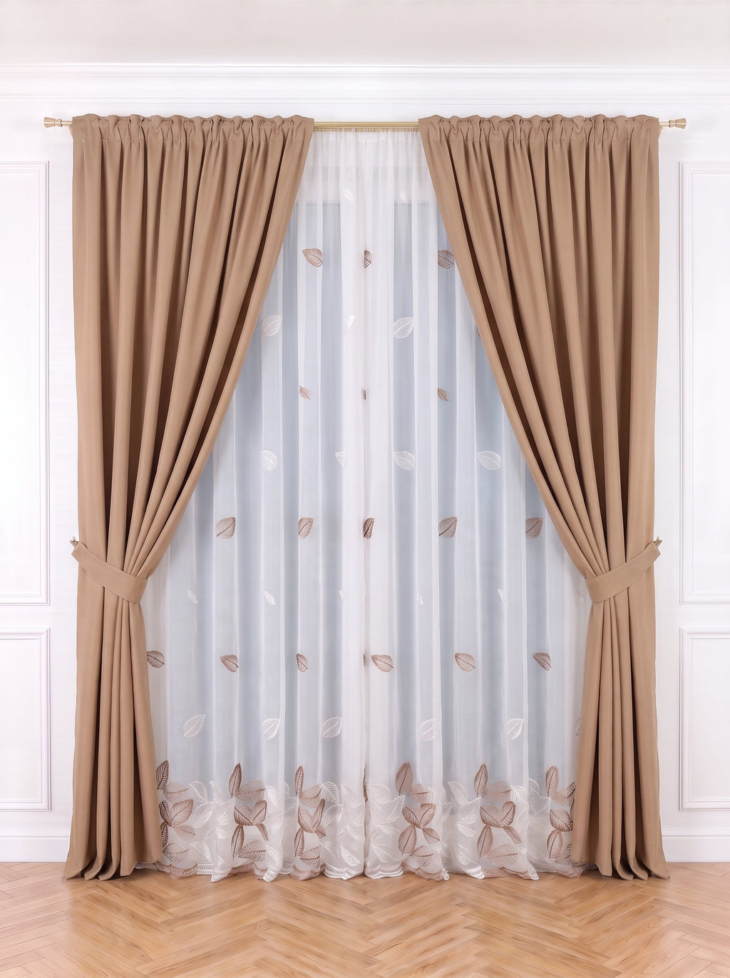 Set · Perdea Voal Ivoriu – frunze brodate împrăștiate + Draperie Blackout Camel Perdele de Poveste